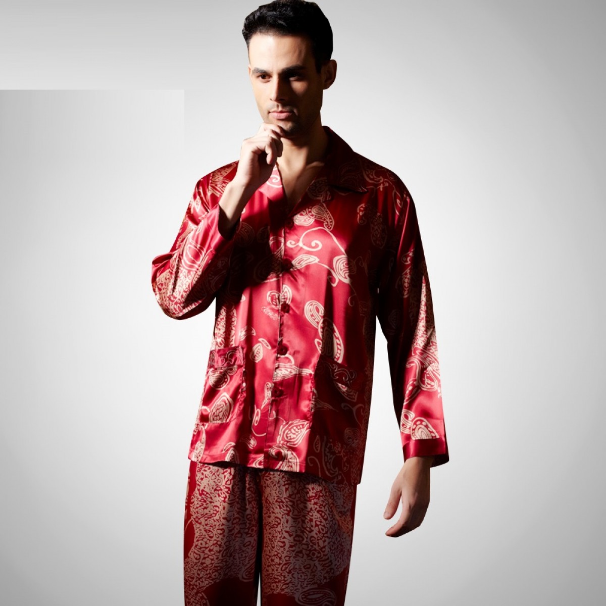 Men S Satin Silk Printed Long Sleeved Pajama Sets